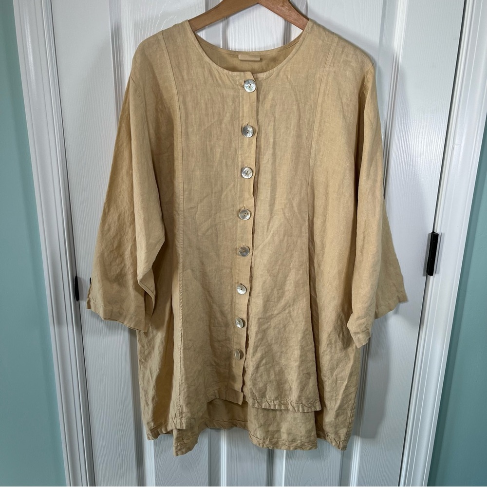 Barclay Beige Linen Button Front Tie Back Tunic Shirt Size 1 Blue Fish Lagenlook